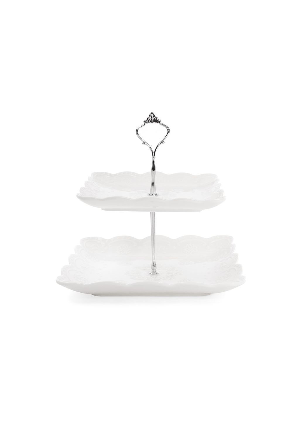 Фруктовница фарфоровая двухъярусная квадратная Кружева 25см, белый No Brand (336493131)