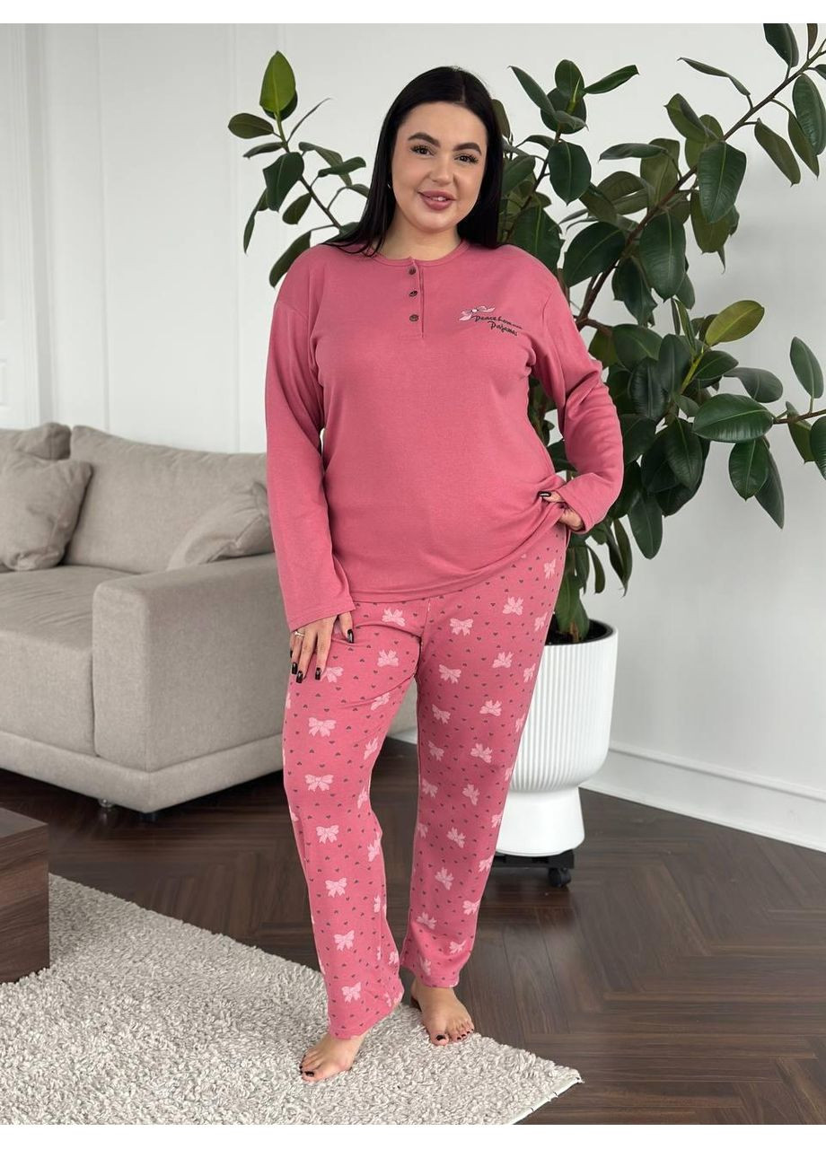 Рожева жіноча піжама plus size рожева з принтом котиків / піжама жіноча великих розмірів рожева трикотажна No Brand