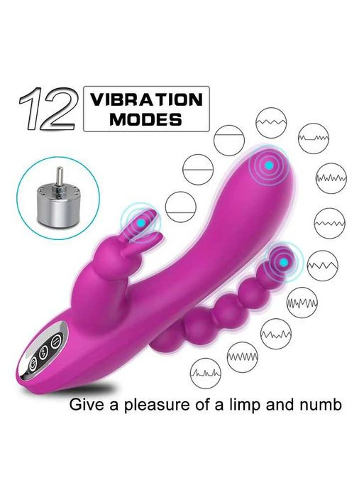 Вагінально-анальний вібратор Super Rebbit 3в1 із 12 режимів вібрації кольору фуксія. Вібратор кролик 3 в 1 China (360603844)