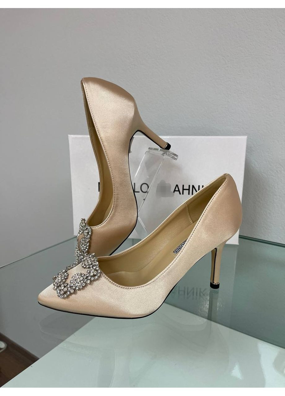 No Brand Святкові атласні беж туфлі з білою брошкою бежевий з текстиль, — (351394412)