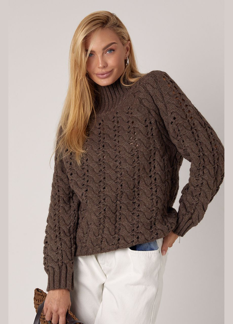 Коричневый зимний вязаный свитер женский с ажурными узорами - голубой Lurex