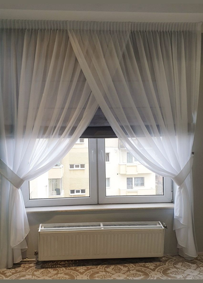 Тюль лен Белый на подхватах готовый сшит на окно, гардина на тесьме 450*260 Hanna (344575010)