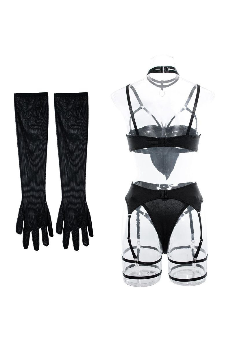 Жіночий набір цукерка чокер бюстгальтер пояс з гартерами трусики рукавички колір червоний No Brand набір цукерка чорний (361895314)