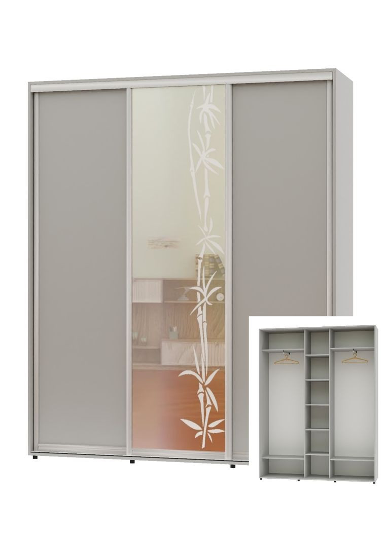 Шкаф-купе трехдверный 210*45*220 Серый 2 ДСП/Зеркало с пескоструйным рисунком ШК-04 Алекса (360477311)