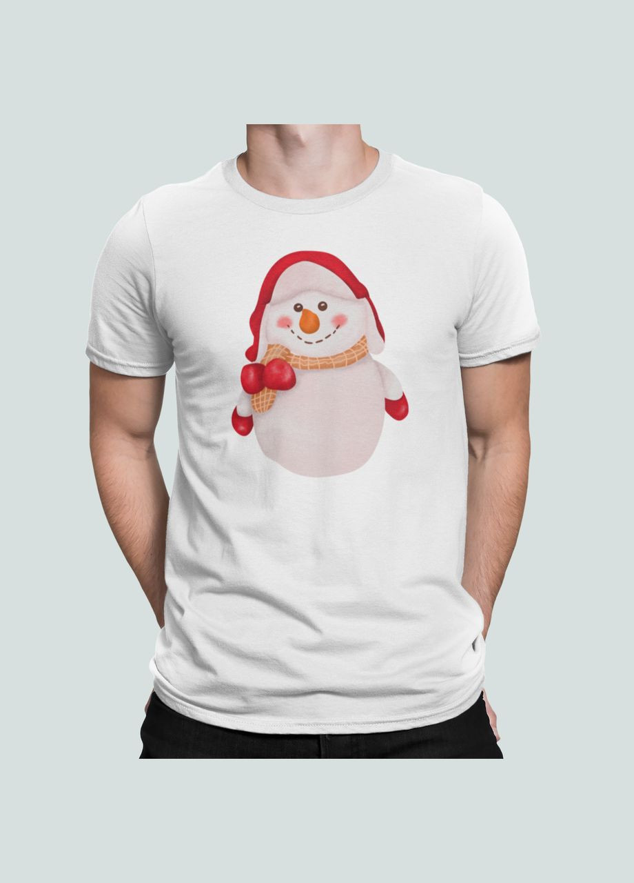 Біла чоловіча новорічна футболка з принтом сніговик у шапці новий рік Stedman