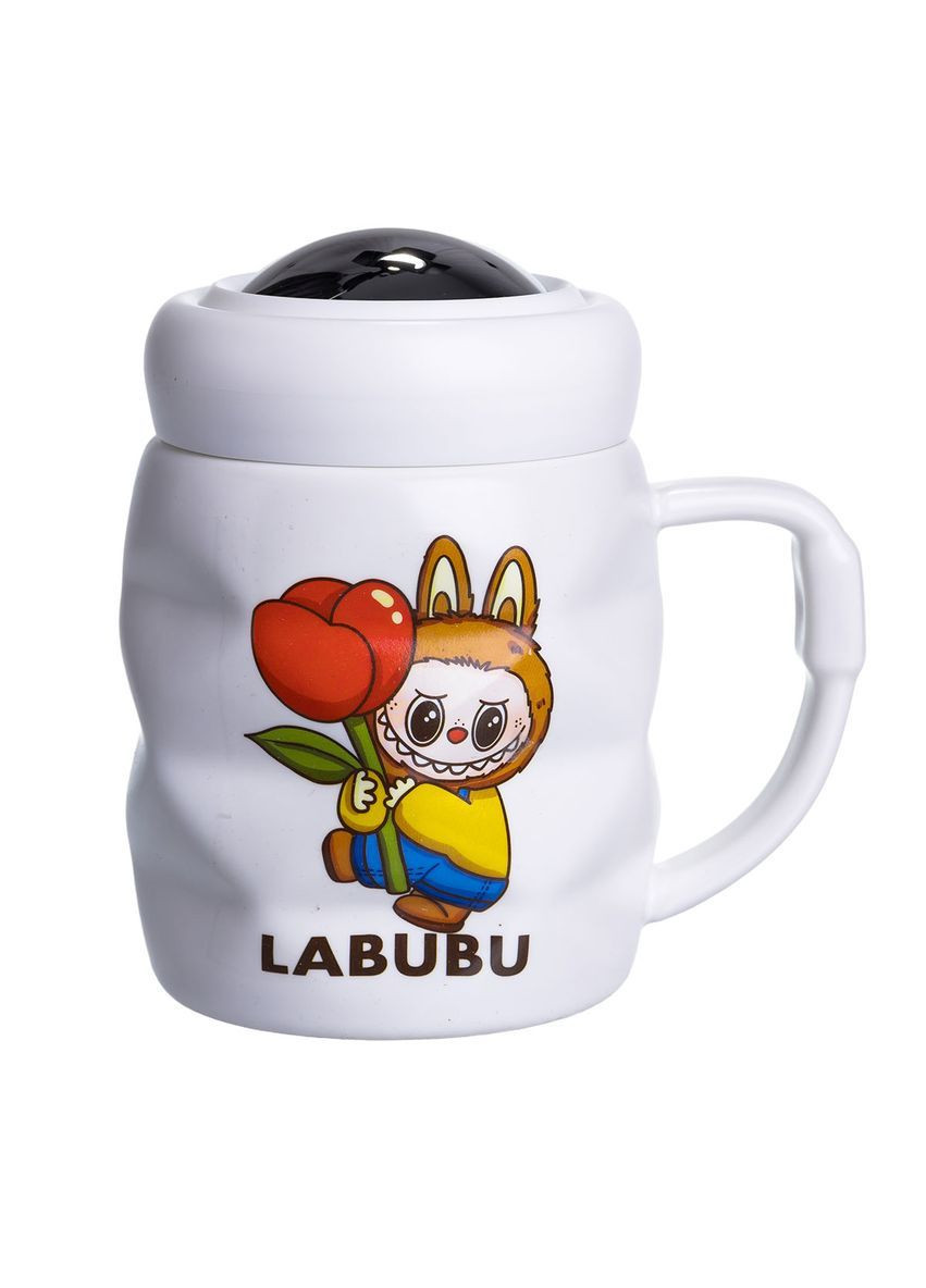 Чашка фарфоровая Labubu 400 мл с крышкой, белый с желтым FM-54D No Brand (368641394)