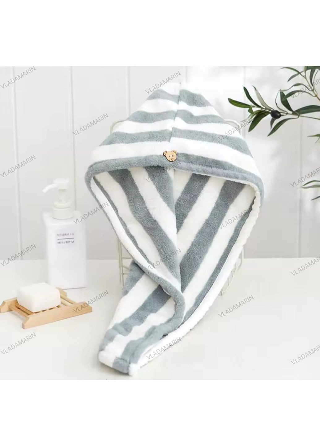 Женское полотенце-тюрбан с пуговицей для сушки головы и волос No Brand (365963670)