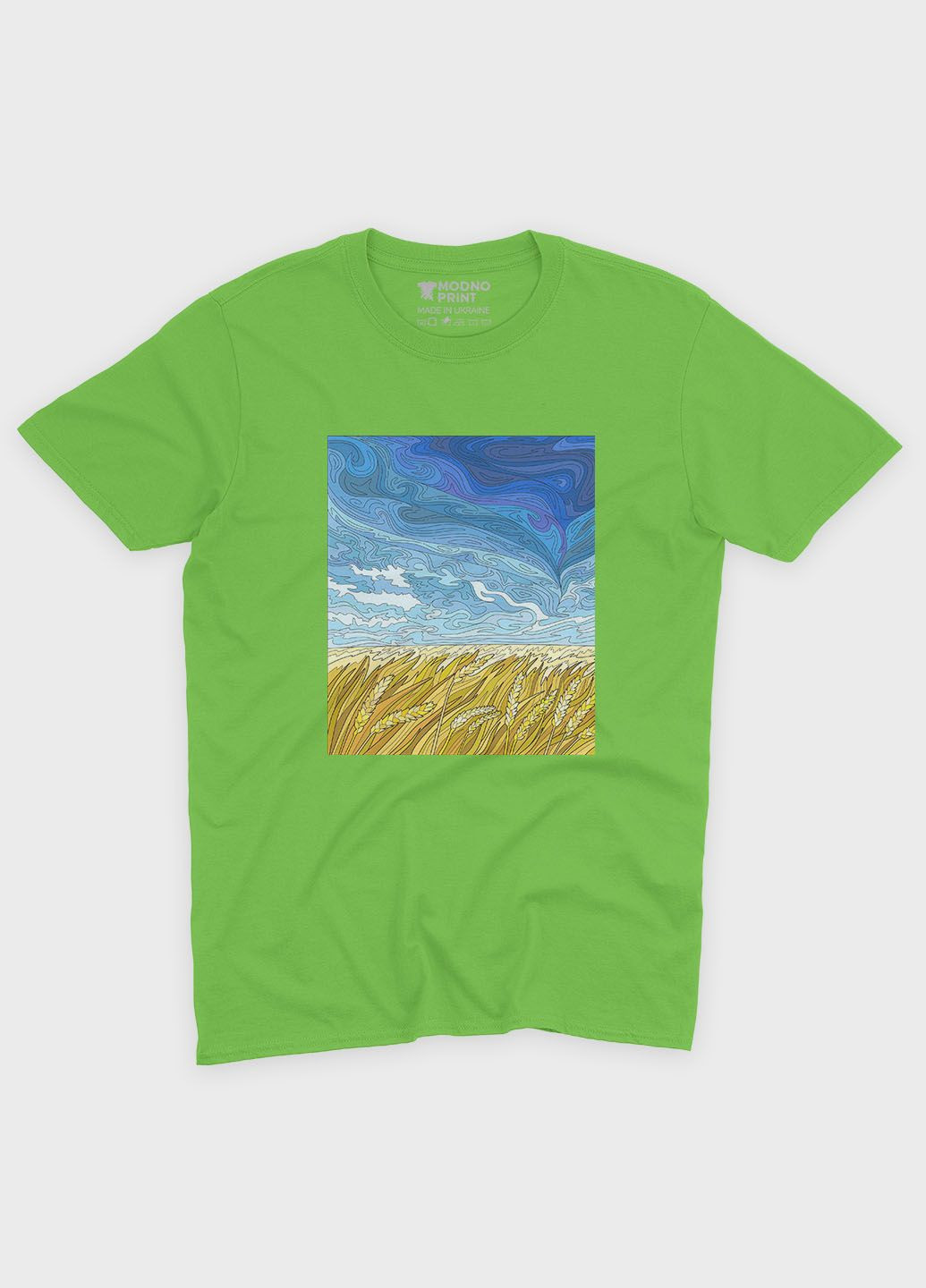 Салатова літня жіноча футболка з патріотичним принтом поле (ts001-4-kiw-005-1-108-f) Modno