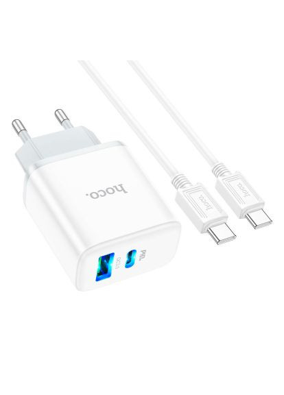 Зарядное устройство C105A Stage 1xUSB-C PD20W + 1xUSB QC3.0 + cable USB-C to USB-C White (6931474782922) Hoco C105A Stage 1xUSB-C PD20W + 1xUSB QC3.0 + cable US (369878321)