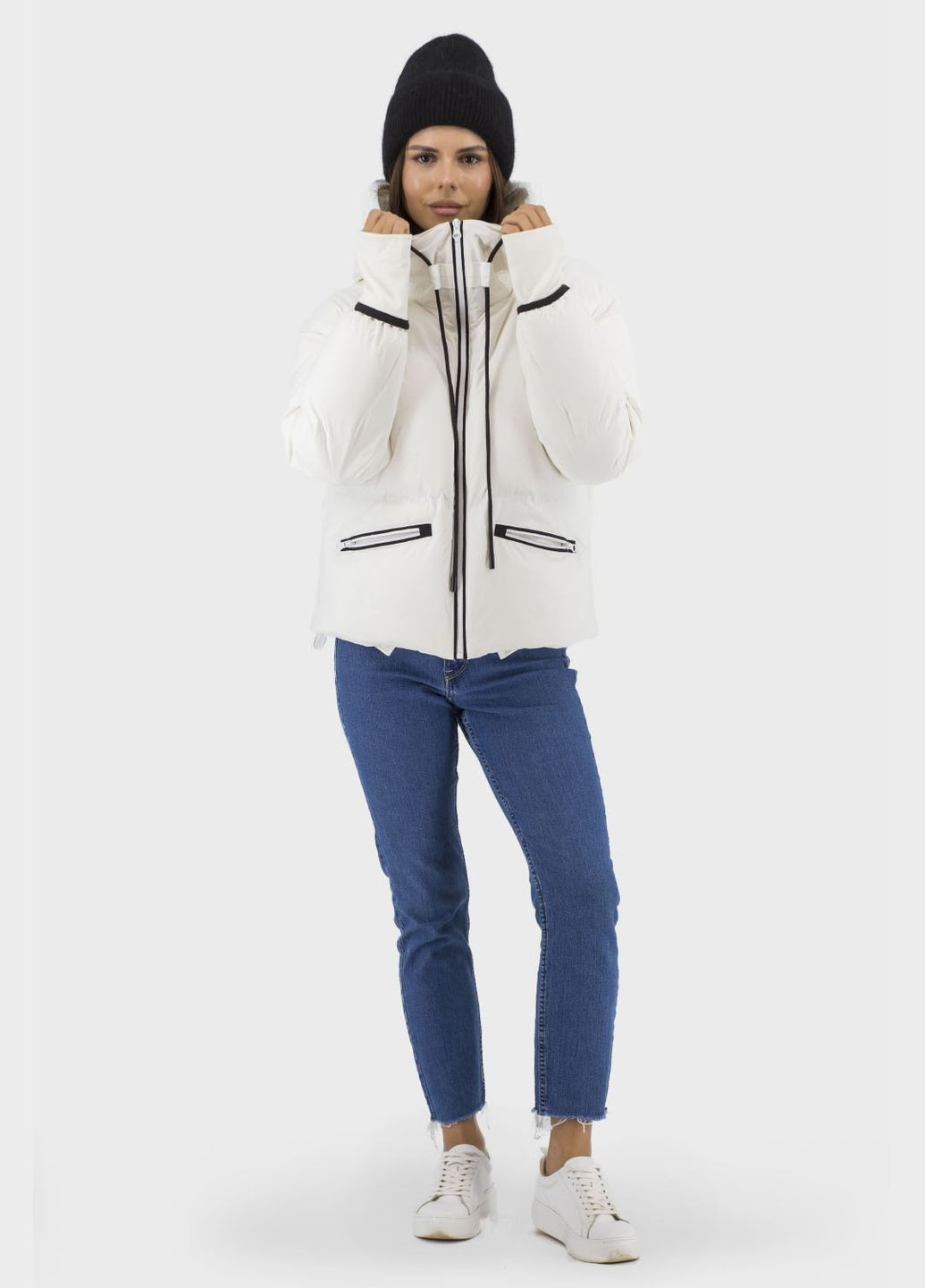 Біла демісезонна жіноча спортивна куртка з качиним пухом і капюшоном, чорна або біла (, ), 27362 Basic