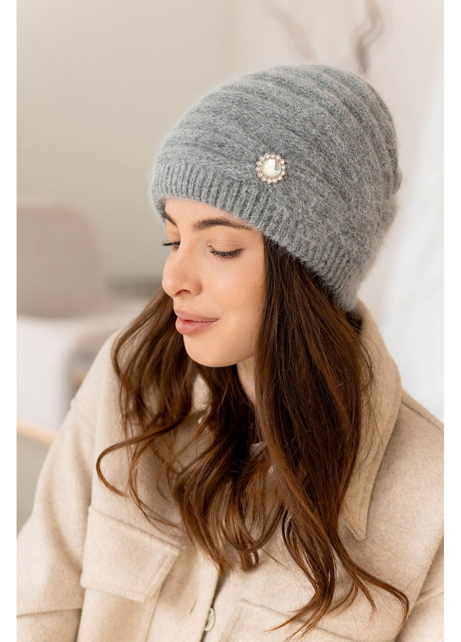 Жіноча зимова шапка «Валенсія» з ангори 80% подвійна з брошкою Сірий No Brand (362098741)