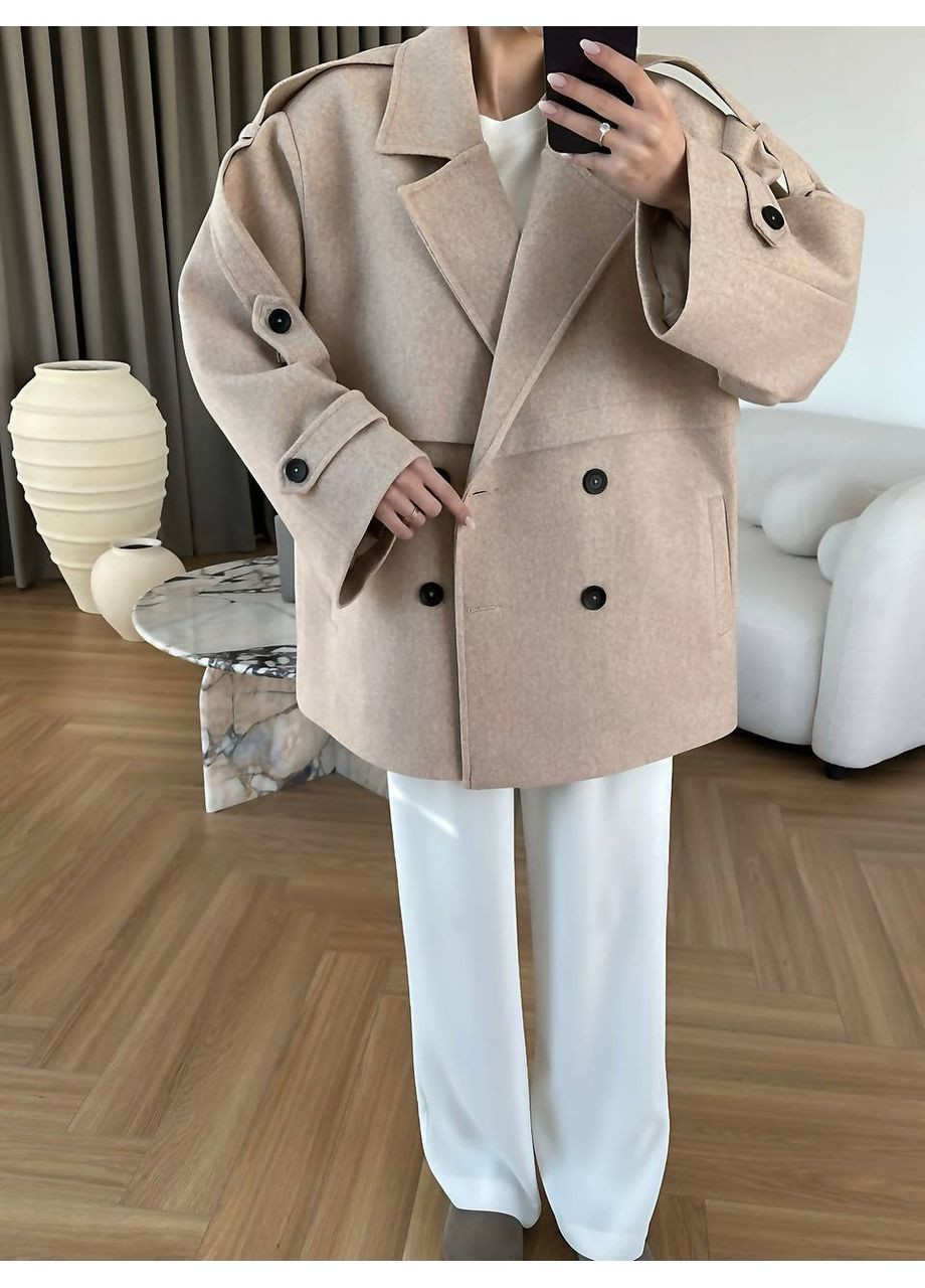 Світло-бежеве демісезонне Жіноче двобортне пальто оверсайз з поясом оверсайз MonCher