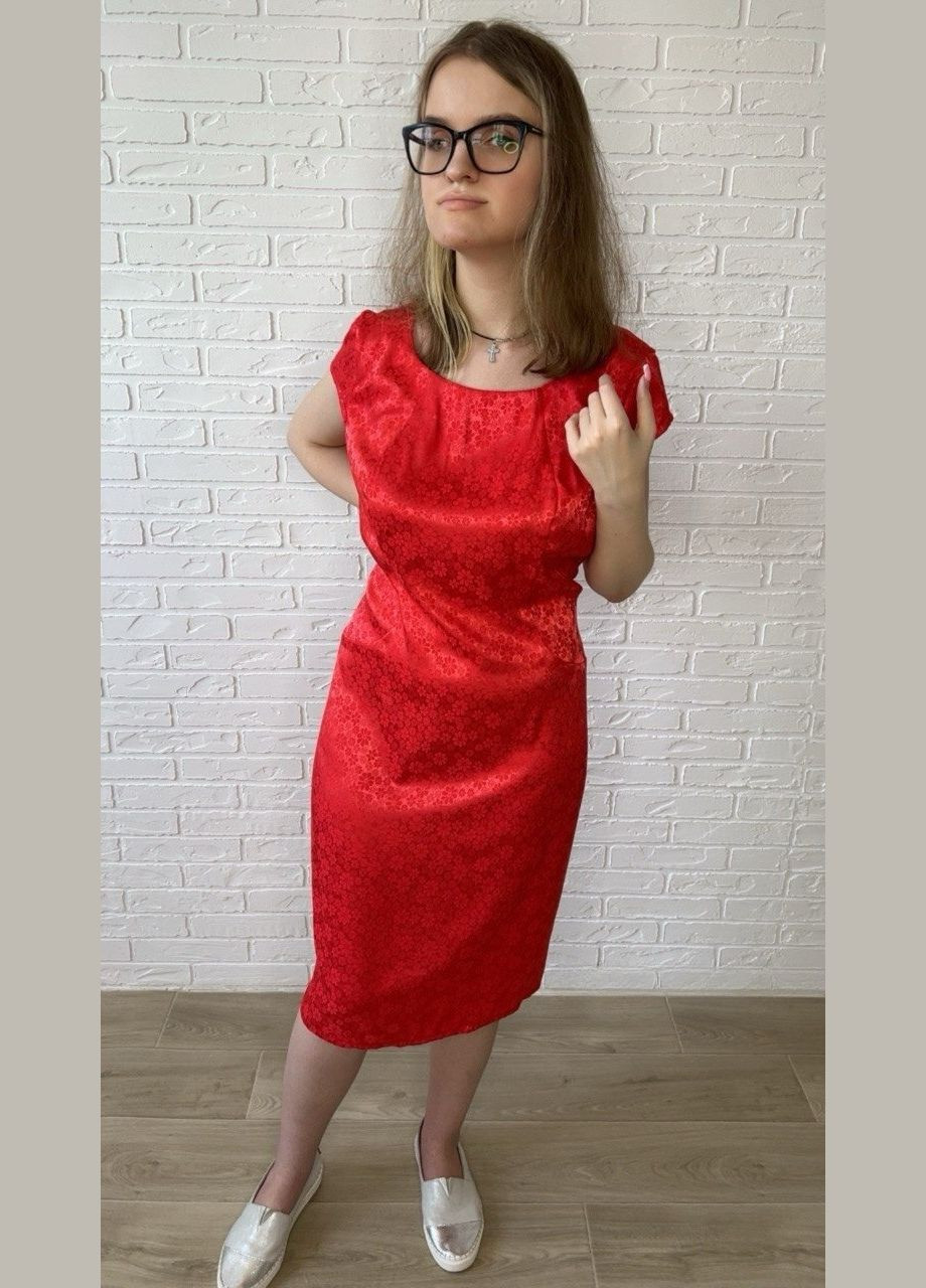 Червона повсякденний, кежуал червоне шовкове літнє жіноче плаття-футляр міді з квітковим принтом сукня-футболка, футляр No Brand з квітковим принтом