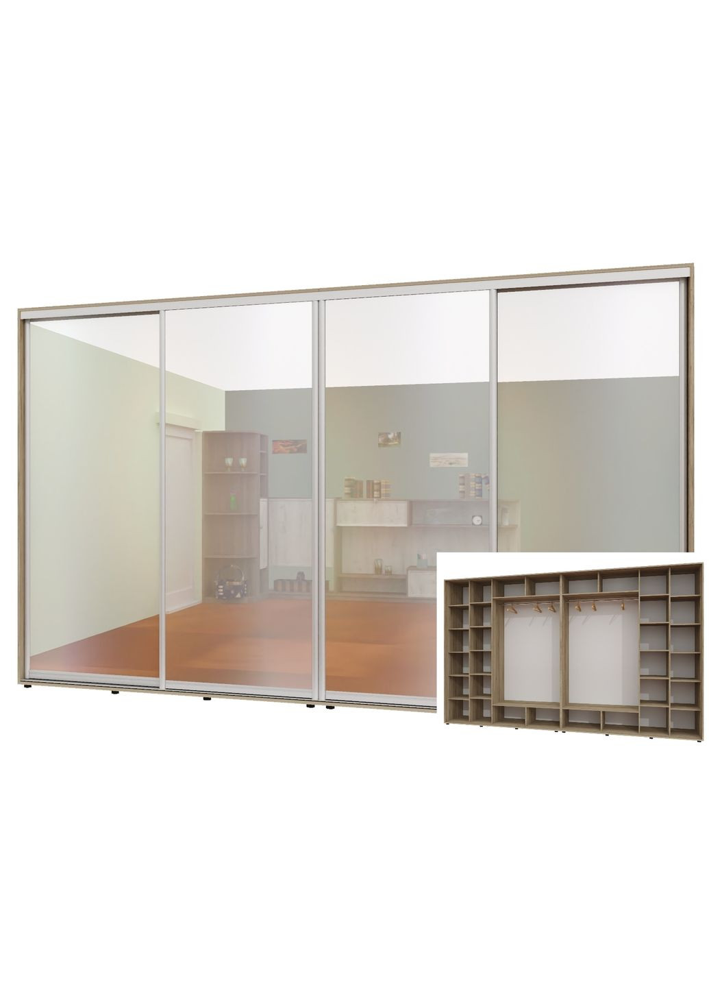 Шафа-купе чотиридверна 400*60*230 см Дуб крафт сірий 4 двері Дзеркало ШК-02 Алекса (360479527)