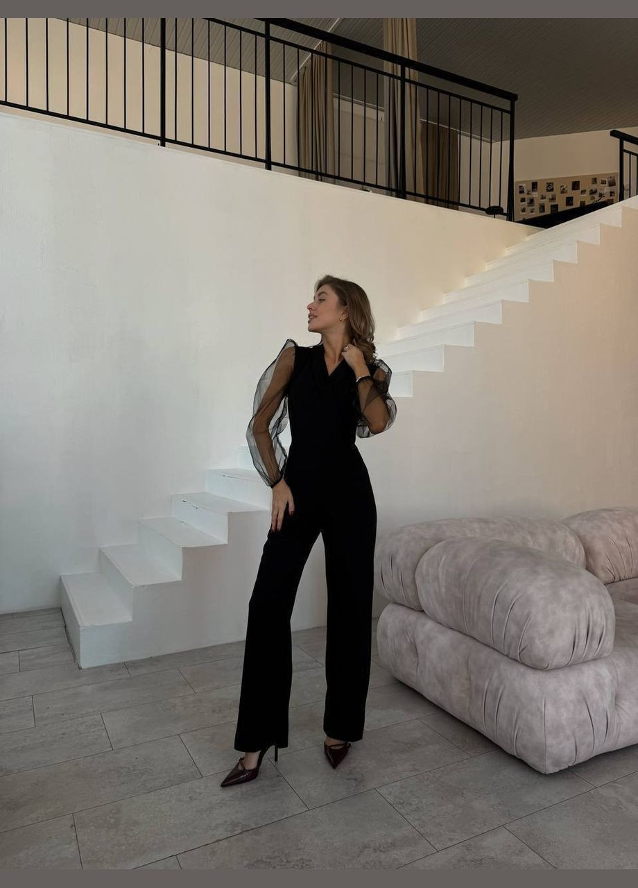 Жіночий чорний комбінезон No Brand комбінезон-брюки однотонний чорний святковий, коктейльний, вечірній креп-дайвінг