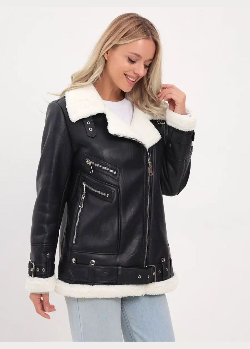 Жіноча дублянка подовжена з поясом чорна з білим хутром You Best (303899204)