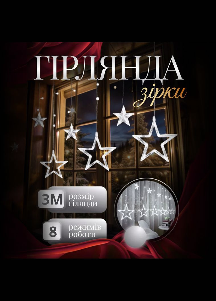 Гирлянда-штора Звезды размер 3*0,7м 12 фигур, белый GarlandoPro (328603599)