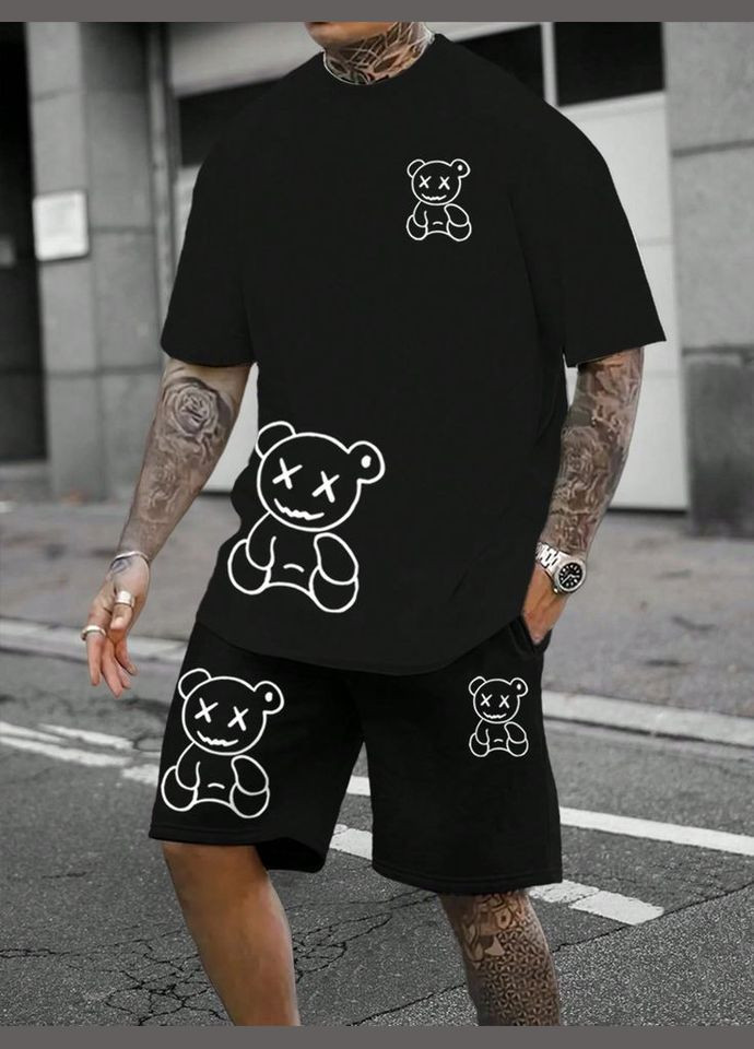 Комплект футболка та шорти чорного кольору з ДТФ принтом (оверсайз) No Brand (370953262)