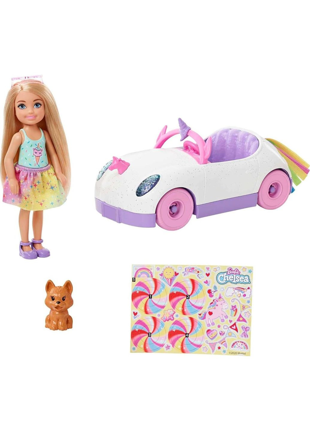 Кукла Барби на автомобиле в стиле Единорога Barbie Club Chelsea Doll with OpenTop Rainbow Unicorn-Themed Car Mattel (282964494)