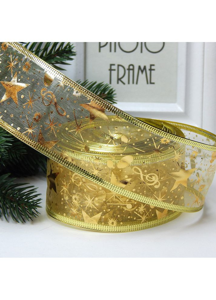 Лента новогодняя из органзы, проволочный край, 5 см, золотая No Brand (369503034)