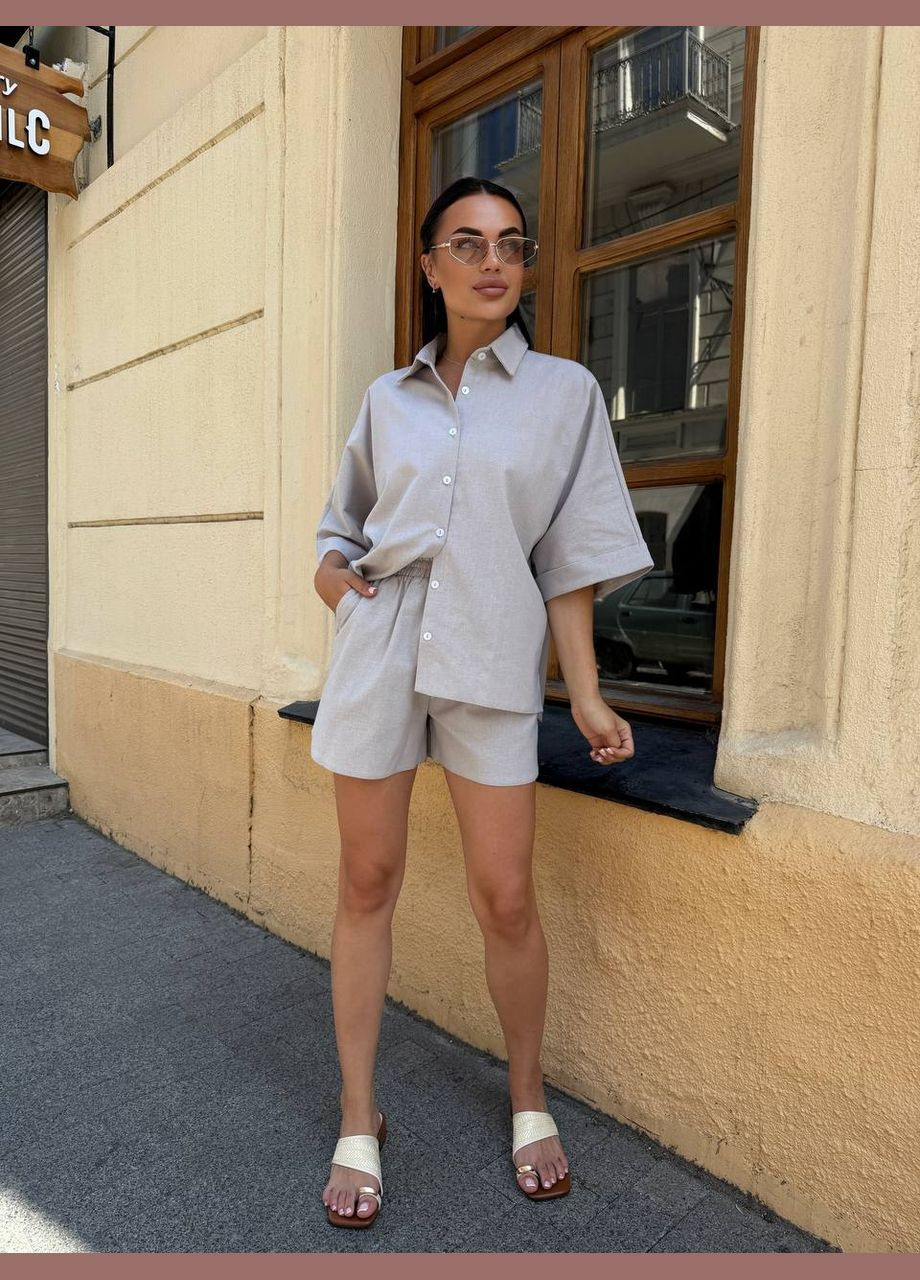 Женский льняной костюм с рубашкой и шортами. Avanti (341088996)