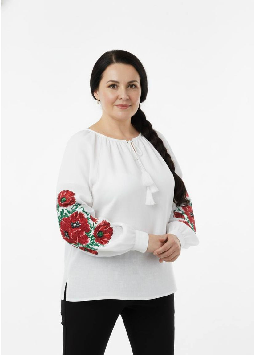 Біла вишиванка жіноча біла з маками маковея, льон 100%, машинна вишивка,, s-4xl MOTYV візерунок квітковий льон (366664914)