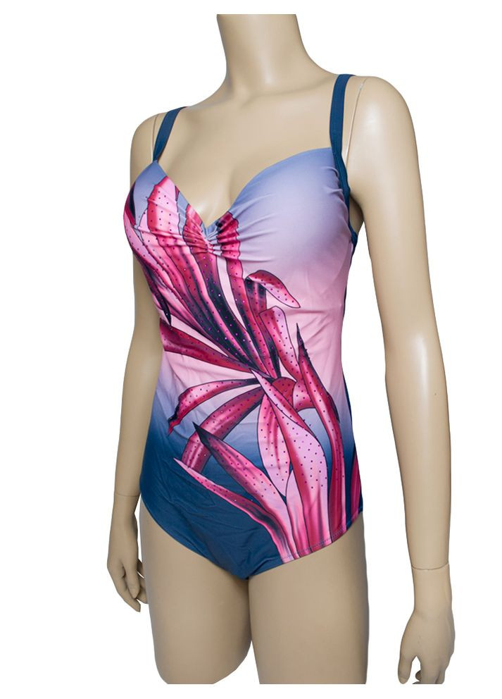 Комбинированный летний цельный купальник на большую грудь d, с эффектным принтом и стразами модель 0247 размер арт.407 слитный, майо Samegame