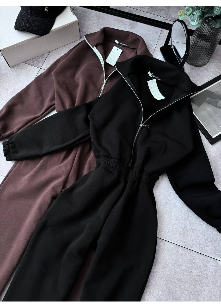 Женский комбинезон на флисе No Brand однотонный коричневый повседневный, кэжуал трехнитка, флис