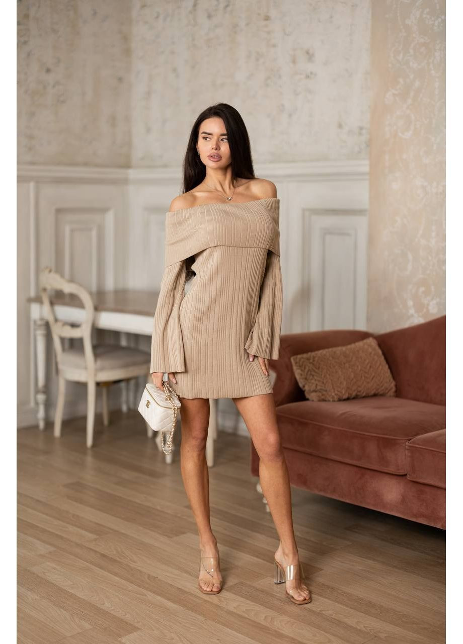 Бежева повсякденний жіноча в'язана сукня з відкритими плечима з відкритими плечима KaraMix однотонна