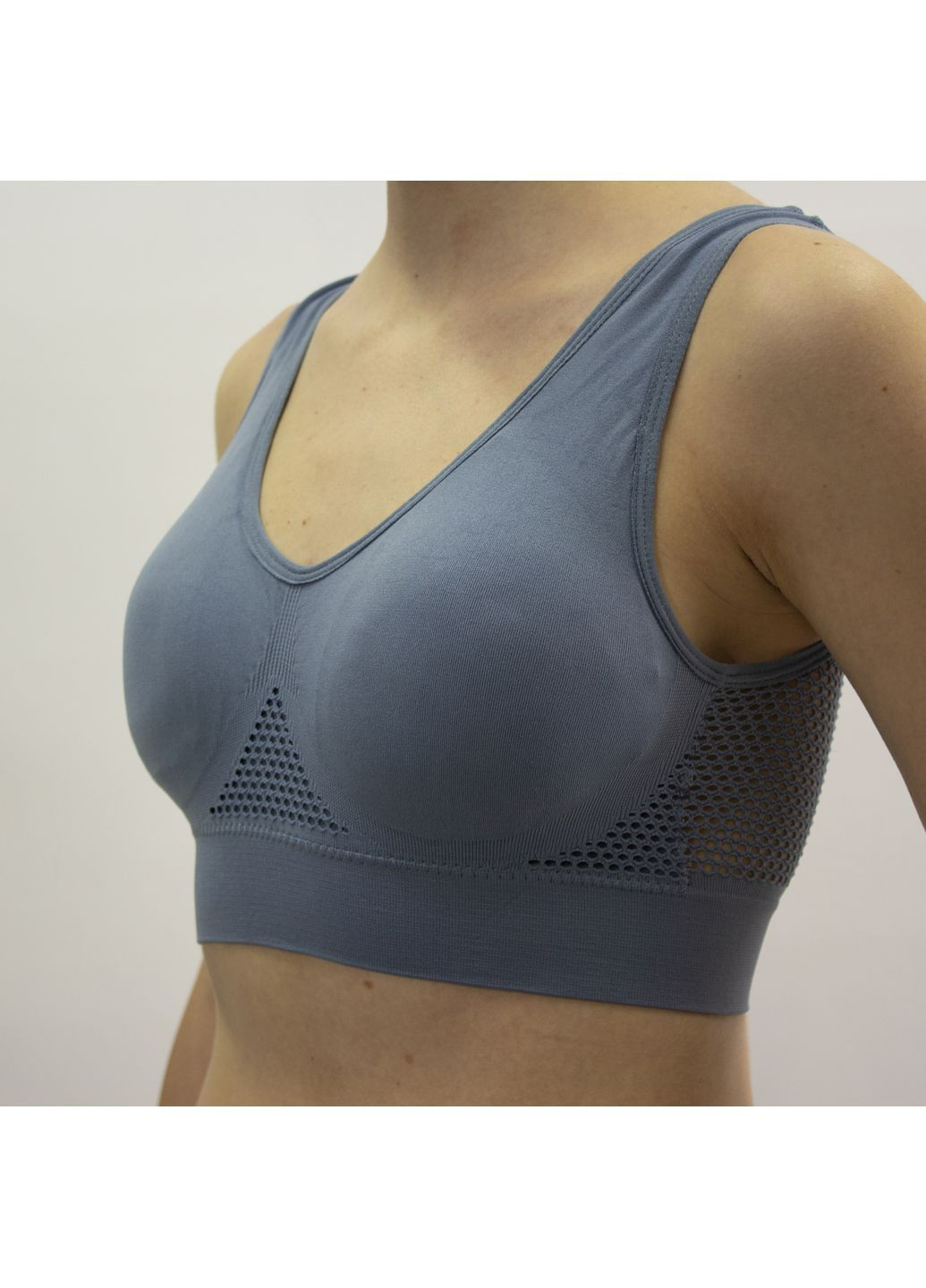 Жіночий безшовний спортивний топ-бра з ефектом пуш ап, дихаючий і гіпоалергенний матеріал, без кісточок, сіро-синій, р. S–2XL No Brand (363968236)