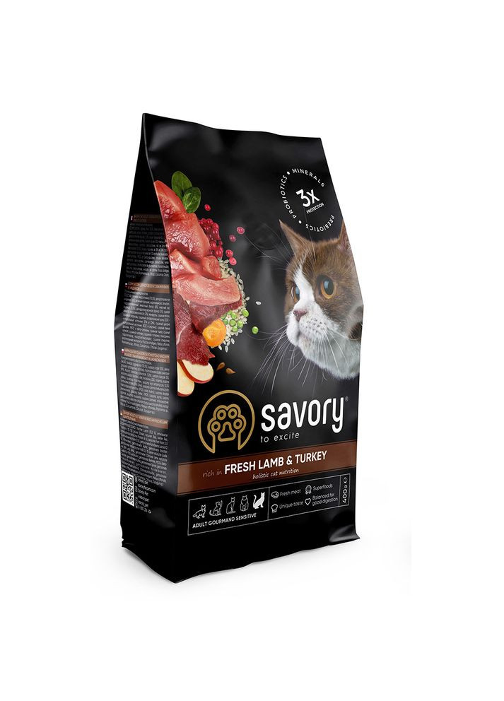 Корм сухий Fresh Lamb and Turkey для дорослих котів з чутливим травленням зі свіжою ягнятиною та індичкою 400 г Savory (332177562)