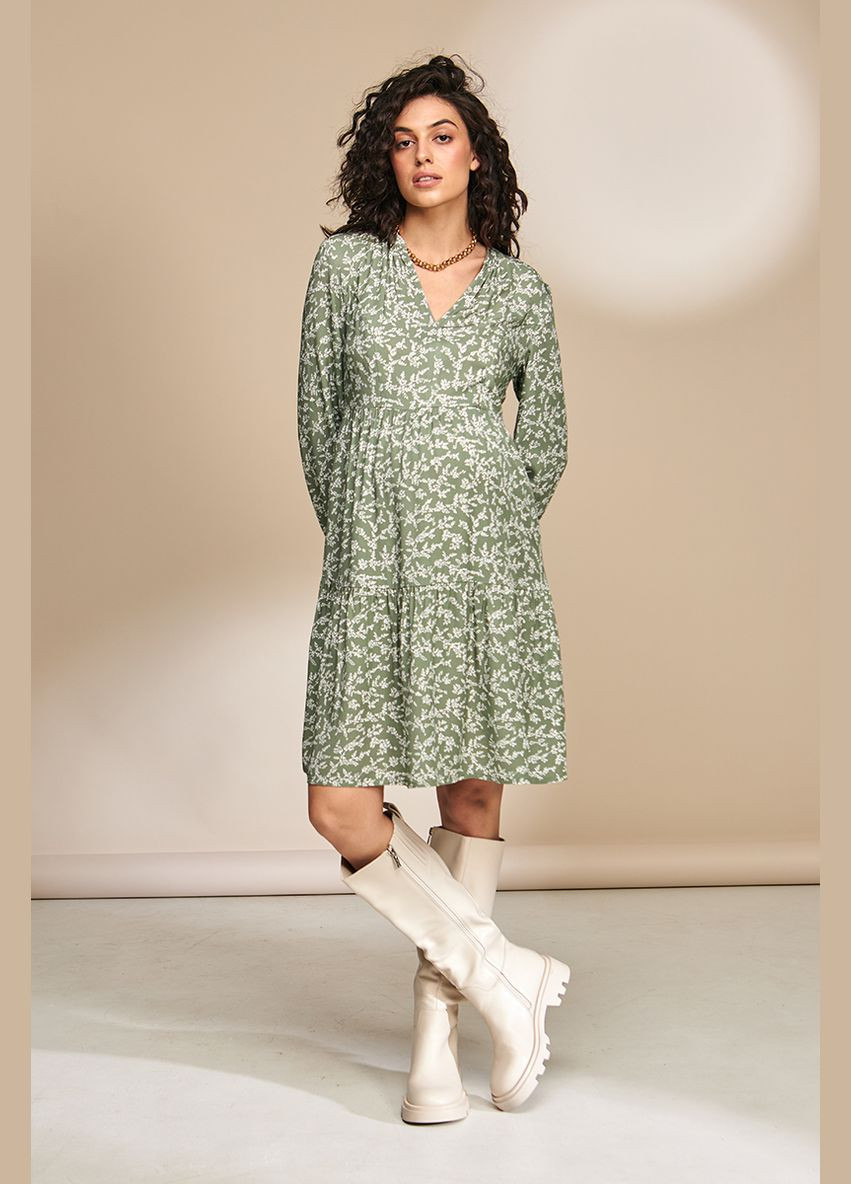 Оливковое оливковое платье для беременных и кормящих с секретом кормления Юла мама с цветочным принтом