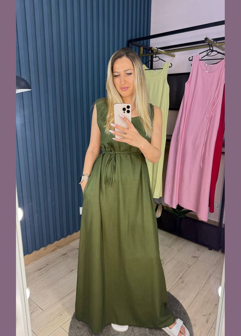Оливкова (хакі) кежуал лляна сукня довжини максі Adelante однотонна