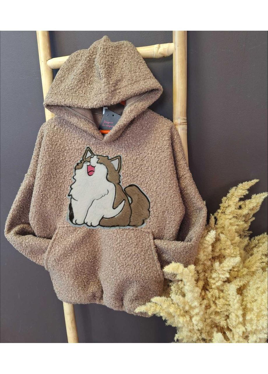 Дитяче тепле худі з тканини тедді з нашивкою котик коричневе Kodi (358202111)
