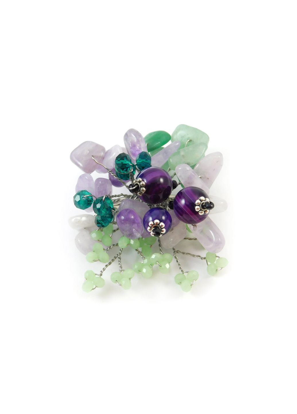 Эксклюзивная брошь "Фиалка" Агат, Аметист, Нефрит крошка Fursa fashion (315591107)