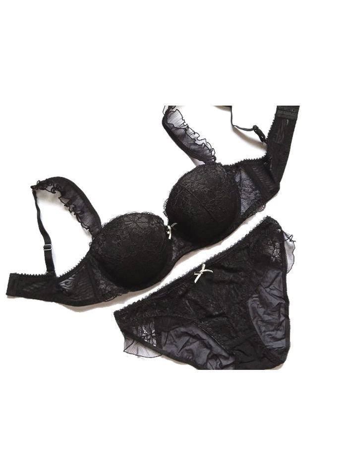 Черный комплект женского нижнего белья: бюстгальтер анжелика и трусики, тонкий поролон Cencka Flower Анжеліка