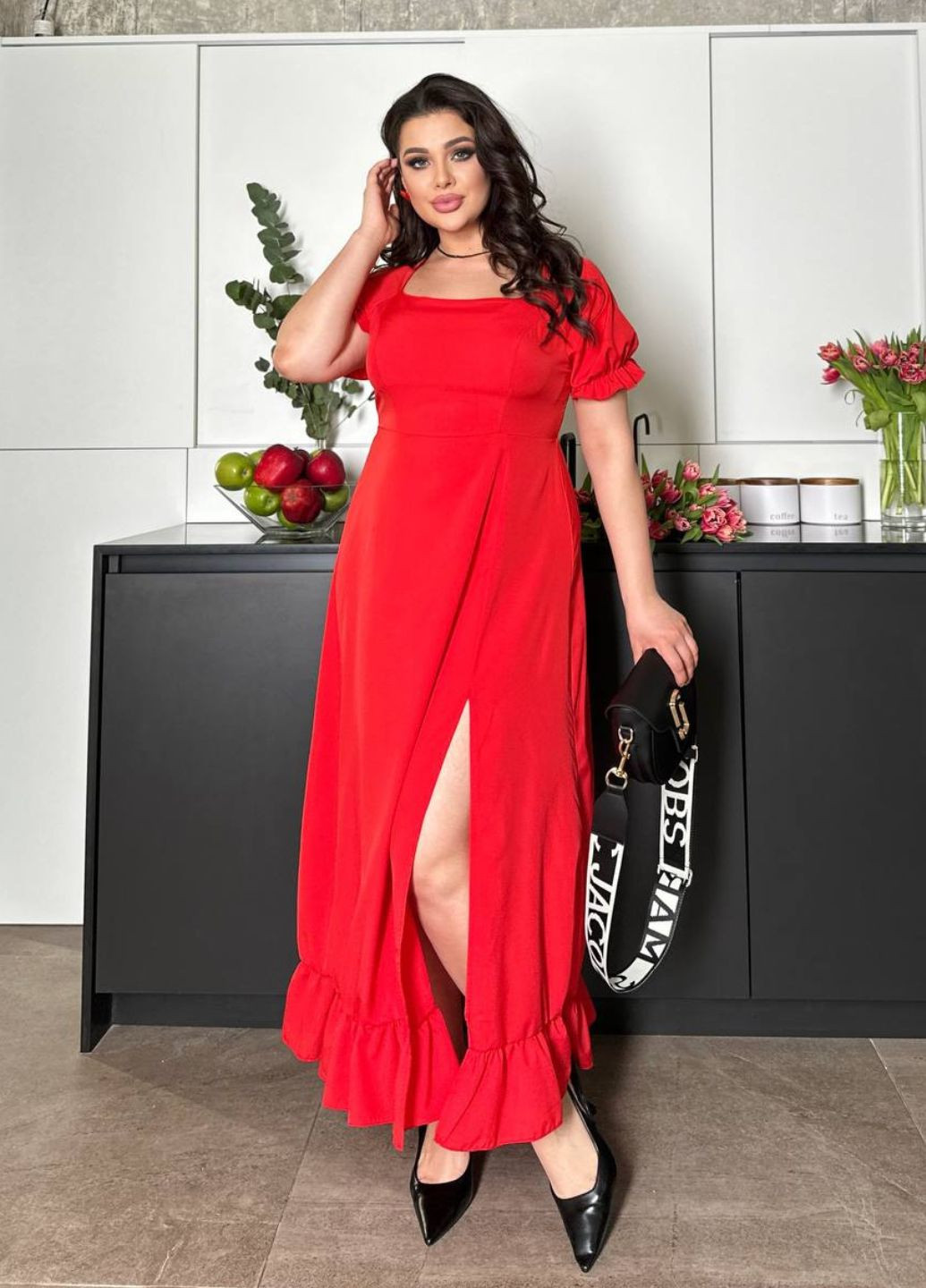 Червона вечірня стильна вечірня сукня з розрізом No Brand однотонна
