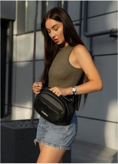 Сумка крос-боді через плече з екошкіри жіноча для документів та для телефону середня Чорний 40358 Sambag (361970286)