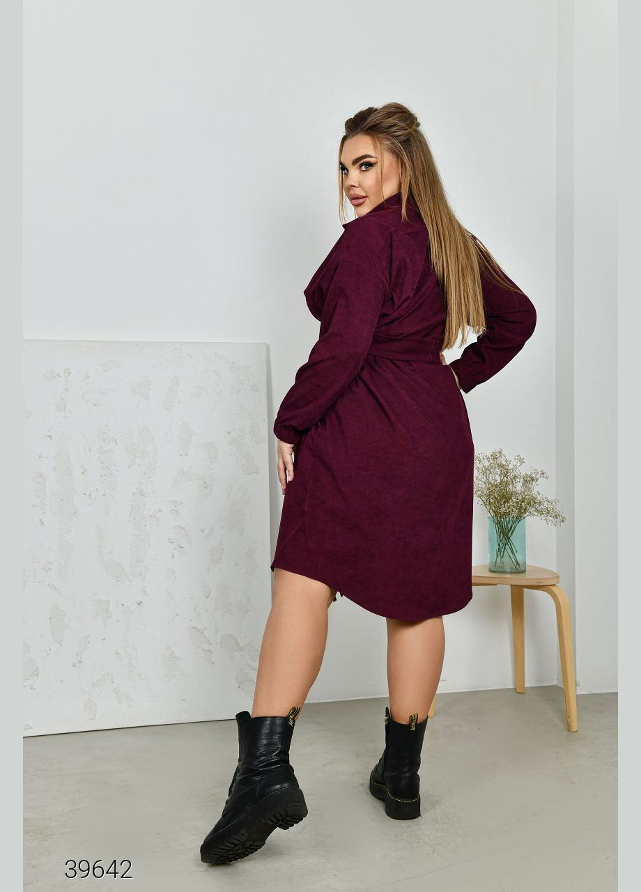 Бордовое повседневный платье-рубашка из микровельвета рубашка Liton