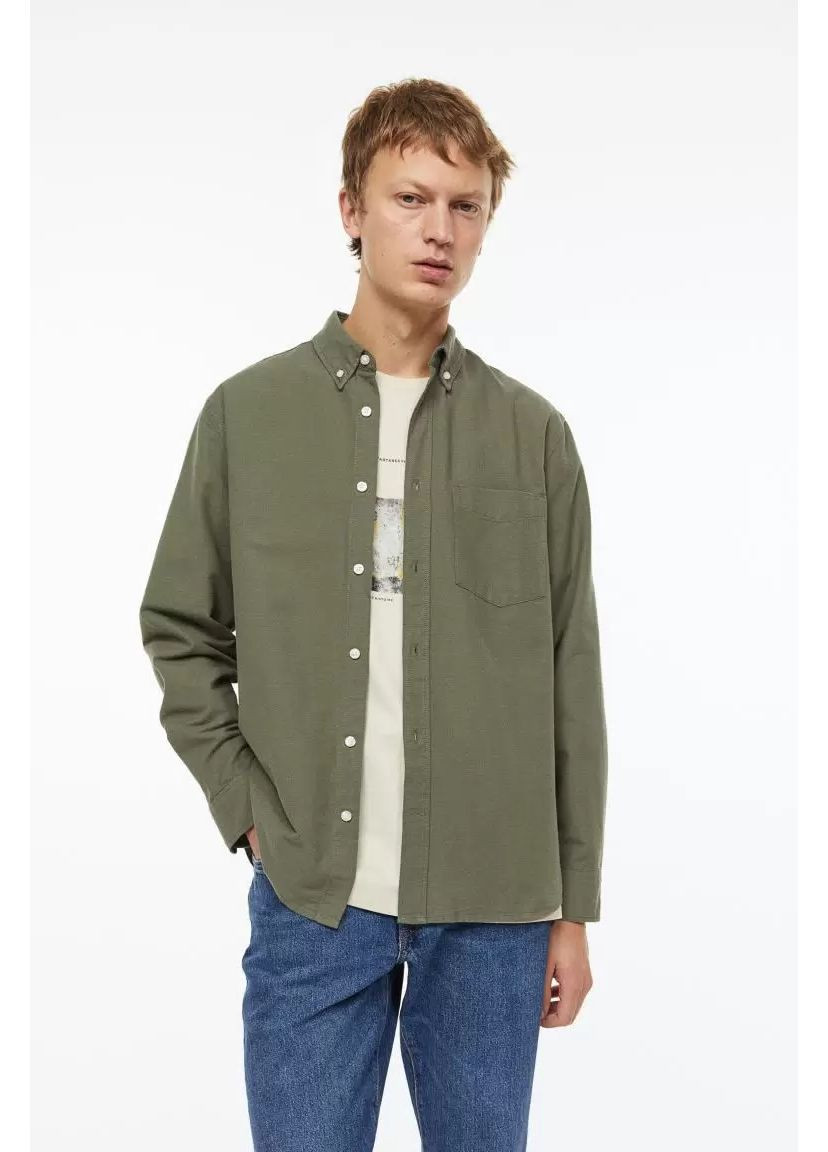 Оливковковая (хаки) кэжуал рубашка однотонная H&M