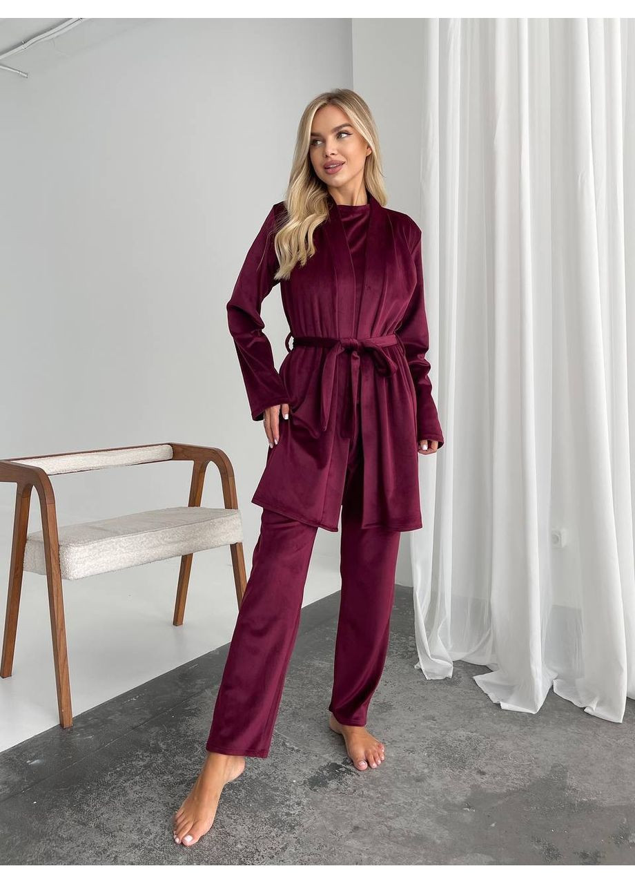 Бордова всесезон велюровий домашній комплект трійка Fashion