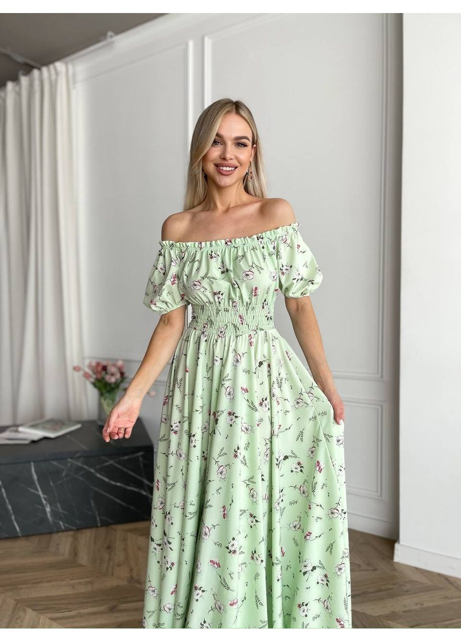 Фісташкова святковий, повсякденний, вечірня, пляжна, кежуал жіноча довга сукня з відкритими плечима Vakko з квітковим принтом