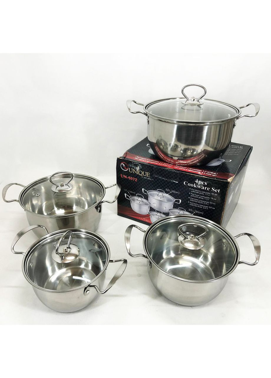 Набор кастрюль UN-5072 8 предметов нержавеющая сталь стеклянные крышки, Набор посуды для плит Unique (366238633)