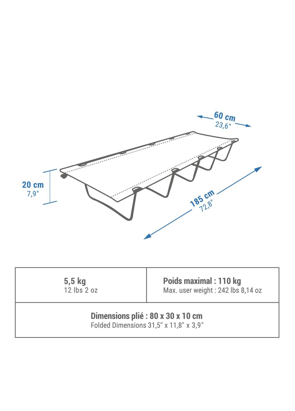Розкладне Ліжко Для Кемпінгу Розкладачка (Одномісне 185 x 60 x 20 см) Зелене Quechua (335052897)