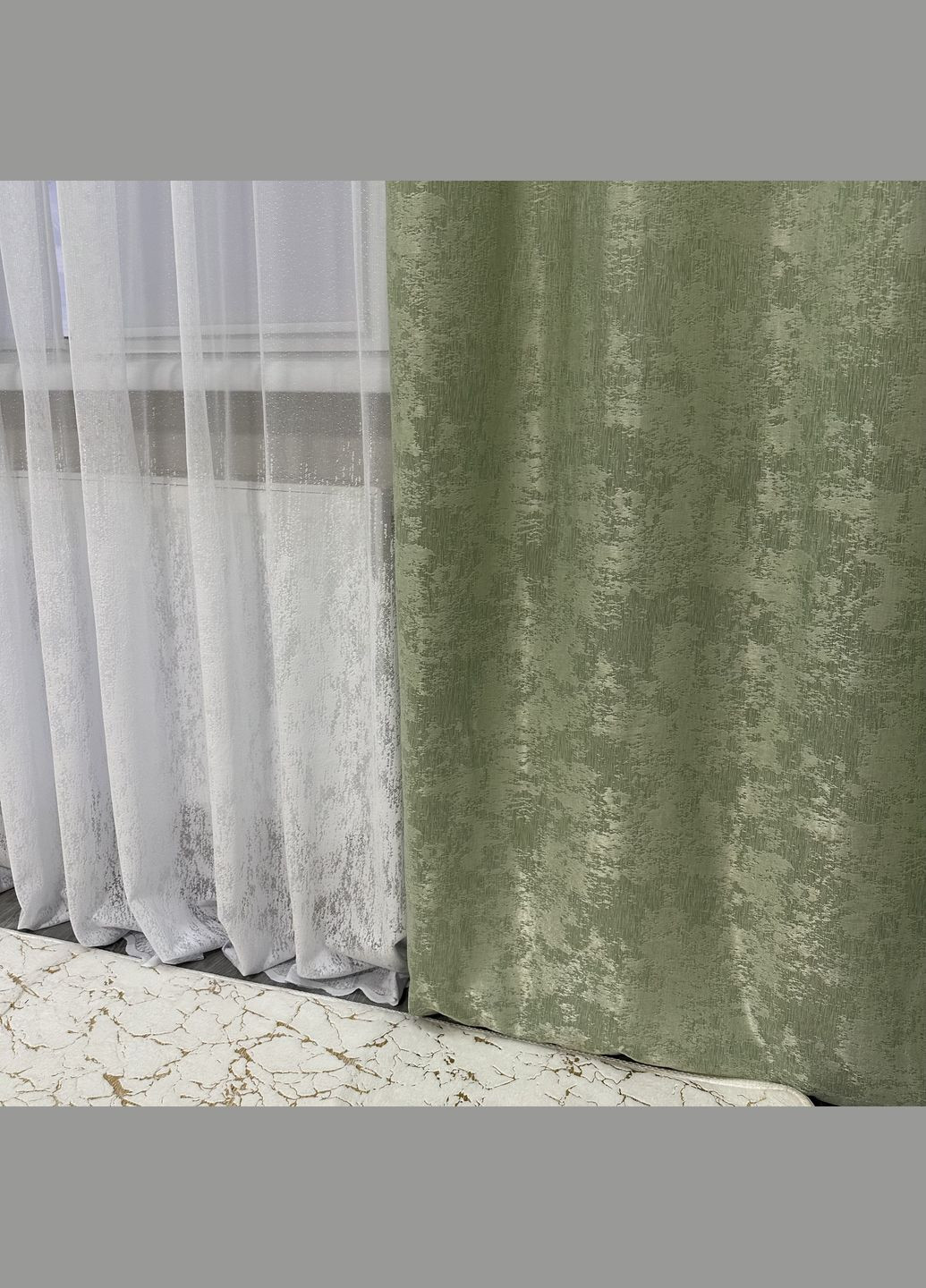 Жакардові штори з мармуровим візерунком 2шт 1.5×2.7 м, тасьма 6 см, середнє затемнення, салатового кольору. No Brand (331619160)