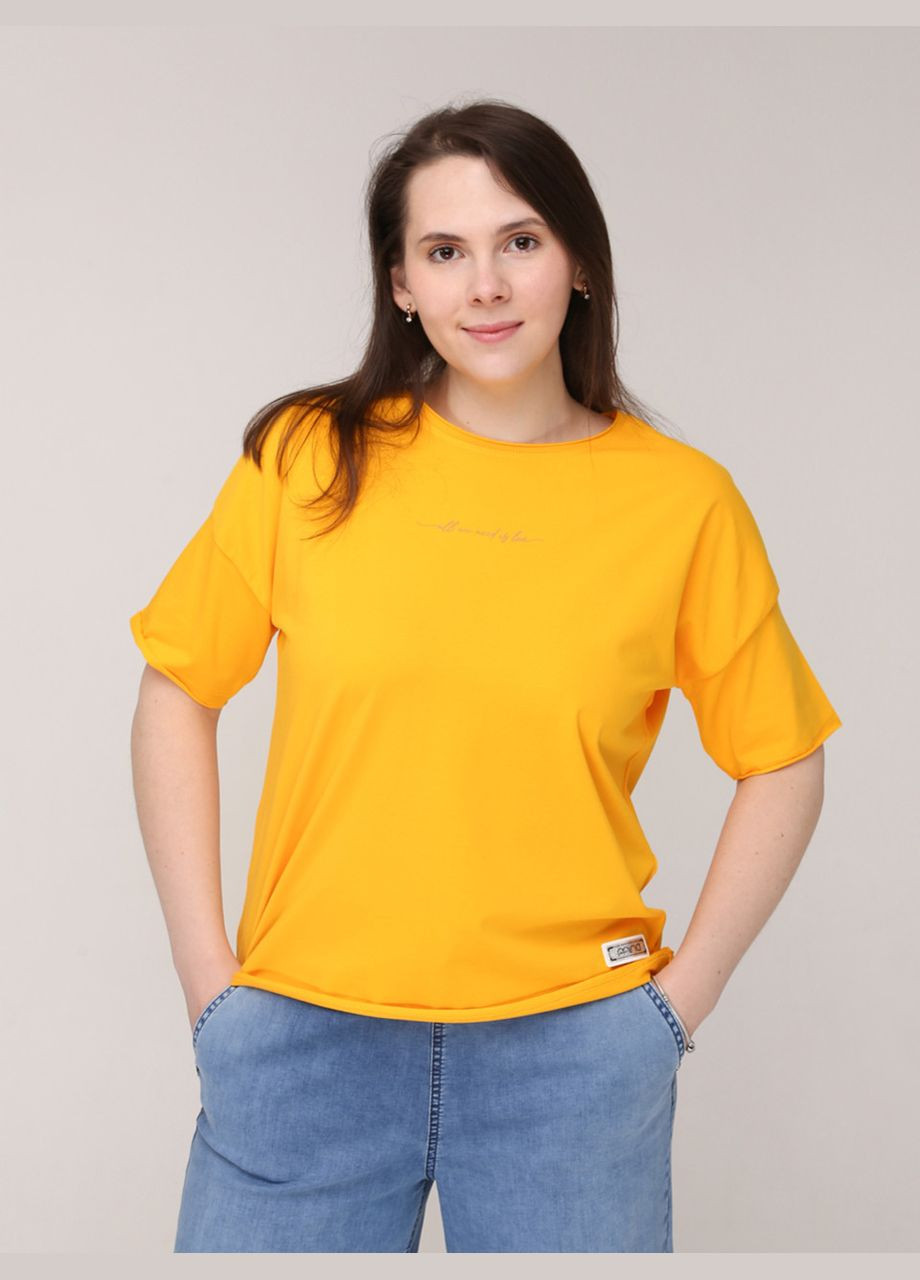 Желтая летняя женская футболка желтая широкая с надписью с коротким рукавом JEANSclub Вільна