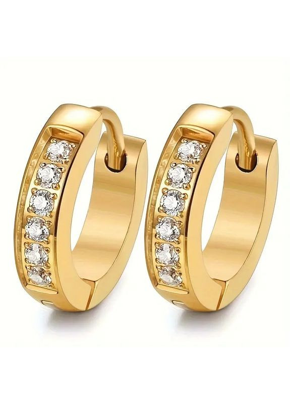 Сережки кільця золотисті з нержавіючої сталі з білим кубічним цирконієм 9 мм AurumLux008 Liresmina Jewelry (357211944)