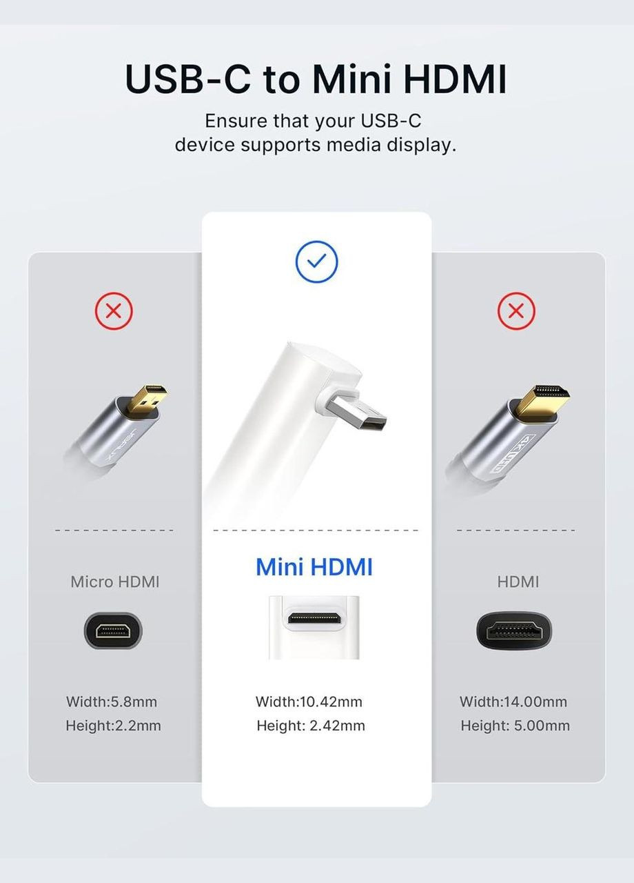 Кабель Type-C to mini HDMI Right Angle 4K@30Hz/2K@60Hz/1080P (Short Side Toward Screen) 0.9м білий Jsaux (308849312)