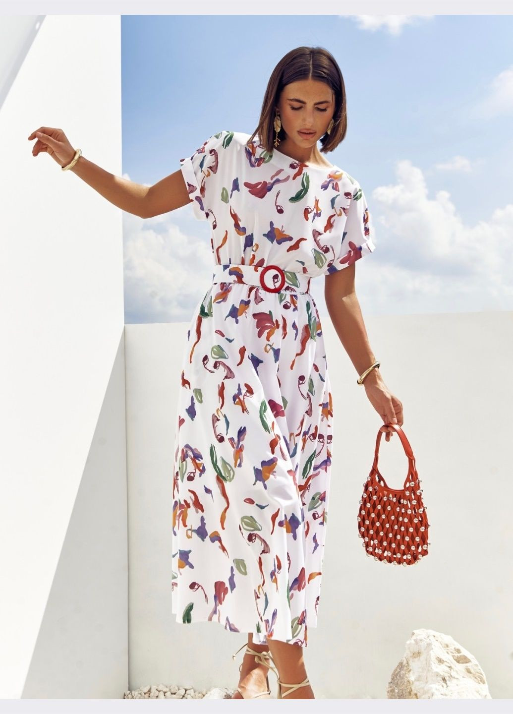 Білий кежуал біла сукня з принтом і напуском по талії Dressa