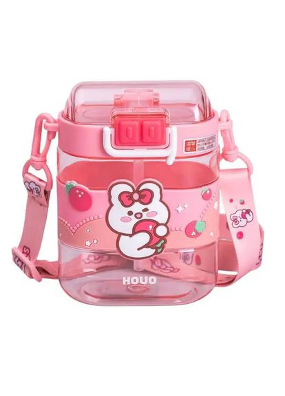 Пляшка для води дитяча з трубочкою та ремінцем 560 мл пляшечка для пиття в школу 15 см Рожева HP-14-36P Yiwu (351431203)